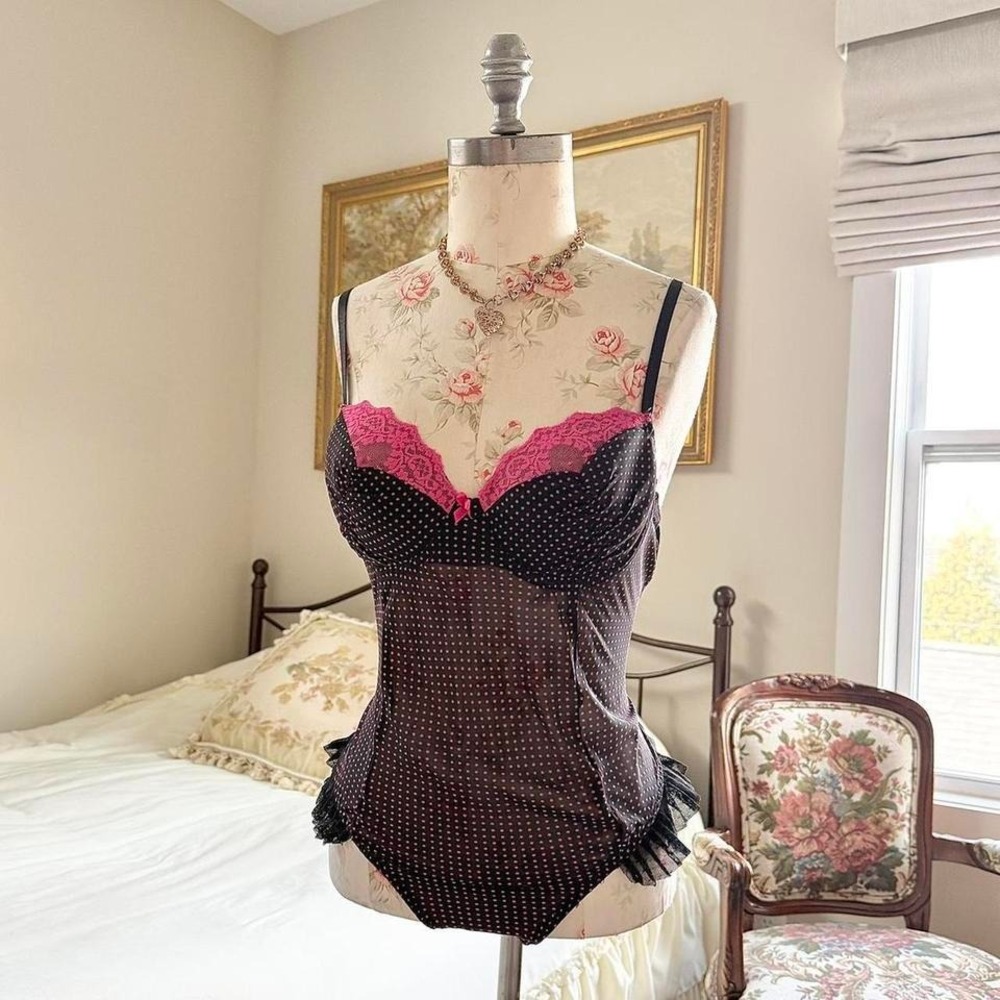 Y2K ambrielle black pink polka dot‎ lace bodysuit size large